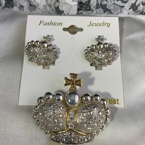 2 PC Crown Brooch/Pendant with Matching Earrings New